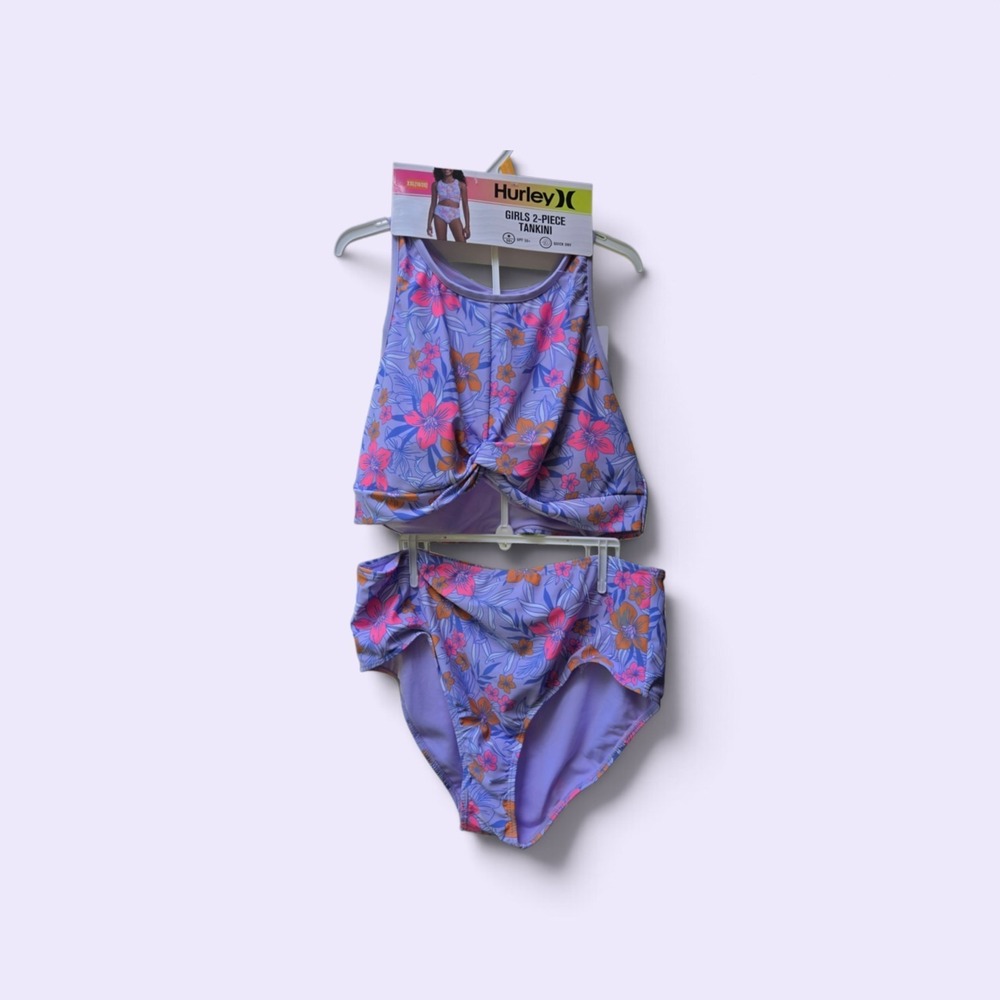 NWT Hurley 2-Pc Tankini Swimsuit Purple Floral Twist Top UPF 50+ Sz XXL 18/20